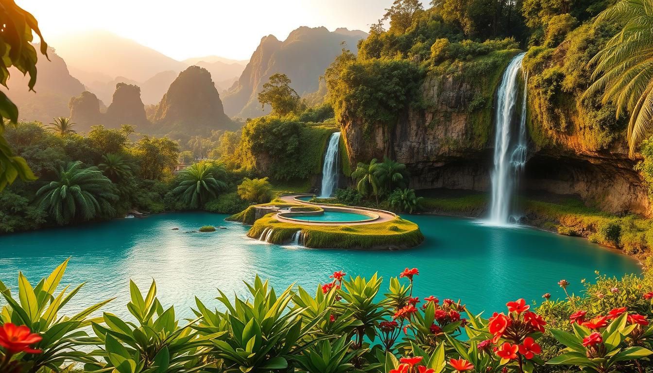 A lush, tropical landscape with a picturesque waterfall cascading into a serene turquoise pool. In the foreground, vibrant green foliage and colorful flowers frame the mesmerizing water feature. The middle ground features a winding path leading towards the waterfall, surrounded by towering, verdant cliffs. In the background, hazy mountains create a stunning, dreamlike backdrop, bathed in warm golden light. The scene exudes a sense of tranquility and natural beauty, inviting the viewer to immerse themselves in this captivating Indonesian destination.