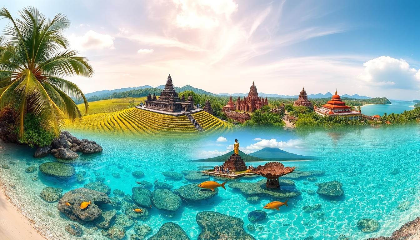 A picturesque collage showcasing 10 of Indonesia's most famous and beloved tourist destinations. In the foreground, a serene beach scene with swaying palm trees, crystal clear waters, and vibrant coral reefs teeming with marine life. In the middle ground, iconic landmarks such as the lush rice terraces of Bali, the majestic Komodo dragons of Komodo National Park, and the ancient Buddhist temple of Borobudur. In the background, the stunning landscapes of Bromo Tengger Semeru National Park, the tranquil Lake Toba, and the rugged beauty of the Tana Toraja region. Captured through a wide-angle lens with soft, warm lighting that evokes the tropical ambiance of this archipelagic nation. The overall composition conveys the diversity, natural splendor, and cultural richness that make Indonesia a renowned global tourist destination.