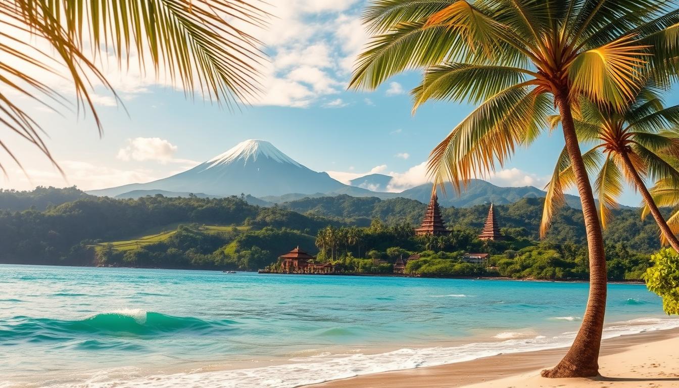 A breathtaking vista of Indonesia's natural wonders, showcasing its diverse and captivating landscapes. In the foreground, a pristine tropical beach with swaying palm trees and crystal-clear waters lapping gently against the shore. In the middle ground, lush, vibrant green hills and valleys, dotted with traditional Balinese temples and structures. In the background, towering, snow-capped volcanoes rise majestically, creating a dramatic and awe-inspiring backdrop. The scene is bathed in warm, golden sunlight, casting a magical glow over the entire landscape. The overall atmosphere is one of tranquility, wonder, and the boundless beauty of Indonesia's renowned tourism destinations.