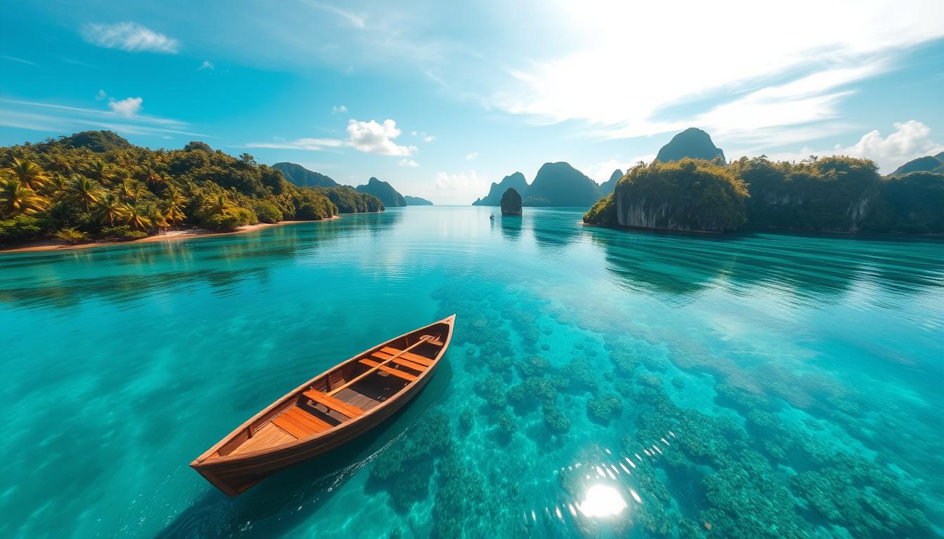 A breathtaking aerial view of the Raja Ampat archipelago, a tropical paradise in the eastern reaches of Indonesia. The crystal-clear turquoise waters of the Coral Triangle shimmer beneath a bright sun, surrounded by lush, verdant islands dotted with swaying palm trees. In the foreground, a traditional wooden boat glides effortlessly across the calm, mirror-like surface, its reflection a perfect mirror image. The middle ground reveals vibrant coral reefs teeming with a kaleidoscope of marine life, while the distant horizon is framed by rugged, jungle-clad cliffs and towering limestone formations. The scene exudes a sense of serene tranquility and untouched natural beauty, showcasing the splendor of Indonesia's eastern paradise.