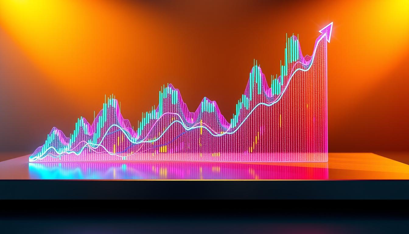 A stunning visualization of "Memecoin Untung Besar: Prediksi Harga Mei 2025". A dynamic, three-dimensional chart filled with vibrant colors and holographic textures, floating above a sleek, metallic surface. The chart's lines and bars depict the projected price movements of a popular memecoin, with sharp peaks and valleys indicating the potential for substantial gains. The background is bathed in a soft, warm glow, creating an atmosphere of optimism and financial promise. The entire scene is captured from a slightly elevated, cinematic angle, lending a sense of grandeur and importance to the subject matter.