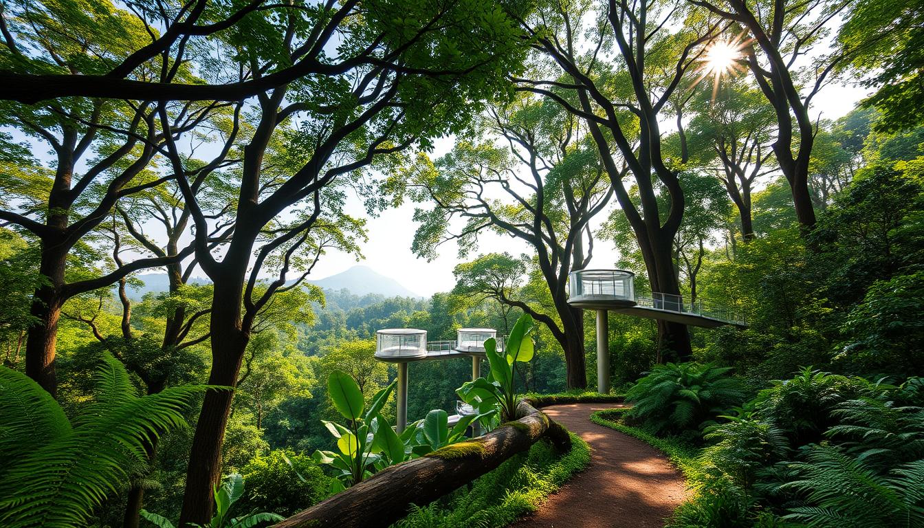A lush digital rainforest in Kalimantan, Indonesia. The canopy of towering, verdant trees stretches across the frame, dappled sunlight filtering through the foliage. In the foreground, a winding path meanders through ferns and moss-covered logs, inviting the viewer to explore this technological-enhanced eco-paradise. Sleek, modern observation platforms emerge from the greenery, blending seamlessly with the natural landscape. Distant hills rise on the horizon, shrouded in a soft, atmospheric haze. The scene conveys a sense of tranquility and wonder, a harmonious fusion of nature and advanced technologies for an immersive sustainable tourism experience.
