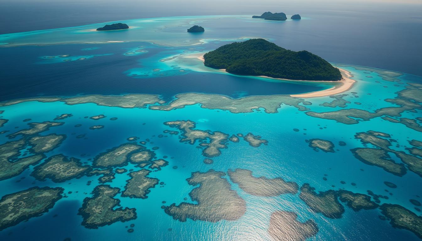 A stunning aerial view of the expansive Taman Nasional Wakatobi Baru, a recently designated national park in the pristine waters of Southeast Sulawesi. Crystalline turquoise lagoons dotted with vibrant coral reefs and diverse marine life reflect the sunlight, creating a mesmerizing dance of light and color. In the distance, lush tropical islands rise from the shimmering sea, their verdant foliage cascading towards the pristine shorelines. A sense of tranquility and raw natural beauty permeates the scene, inviting the viewer to immerse themselves in the untouched splendor of this underwater paradise.
