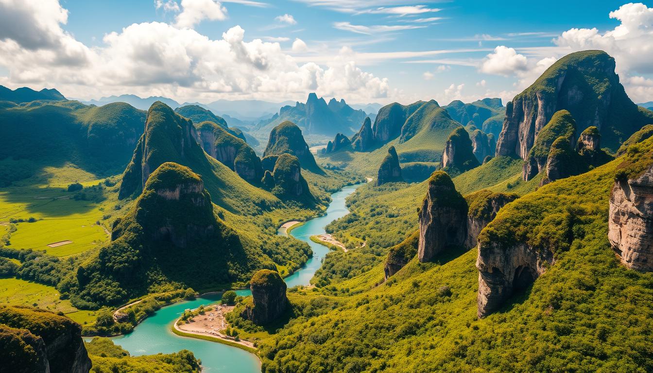 A sweeping aerial view of the Geopark Maros-Pangkep, a UNESCO World Heritage site in South Sulawesi, Indonesia. The lush, verdant karst formations rise dramatically from the rolling green hills, their jagged peaks casting long shadows across the landscape. In the foreground, a crystalline turquoise river winds its way through the valley, reflecting the fluffy white clouds drifting overhead. Towering limestone cliffs and caves dot the scene, hinting at the region's rich geological history. A warm, golden light bathes the entire vista, creating a serene and timeless atmosphere. This majestic natural wonder, a testament to the power and beauty of the Earth, awaits discovery by adventurous travelers.