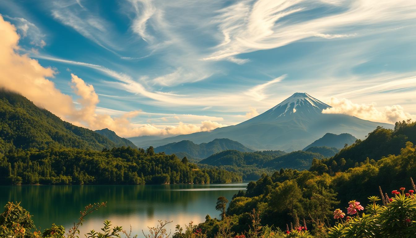 A stunning panoramic landscape of a breathtaking natural destination in Indonesia. In the foreground, a serene lake reflects the towering mountains in the distance, capped with snow and shrouded in wispy clouds. Lush, verdant forests cascade down the slopes, dotted with vibrant wildflowers. The scene is bathed in warm, golden sunlight, casting a soft, ethereal glow across the entire vista. In the background, a majestic volcano rises, its peak piercing the azure sky. The atmosphere is one of tranquility and awe-inspiring natural beauty, perfectly capturing the essence of Indonesia's newest and most captivating tourist destinations.