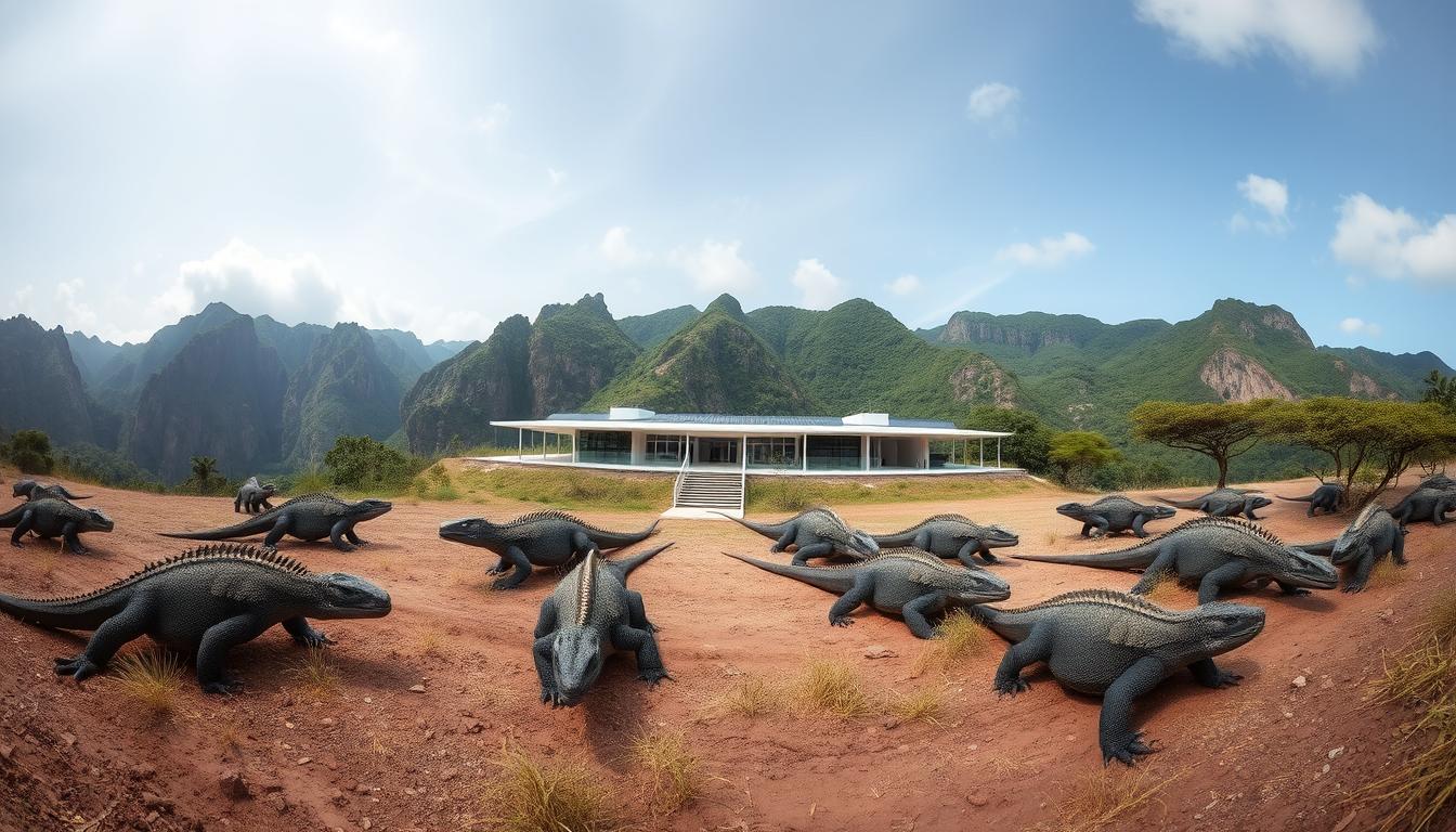 A panoramic view of Pulau Rinca2.0, the newest eco-tourism destination in the Komodo National Park. In the foreground, a group of Komodo dragons roam freely, their ancient yet majestic forms captured by high-resolution cameras mounted on robotic platforms. In the middle ground, a state-of-the-art visitor center blends seamlessly with the natural landscape, its sleek, sustainable architecture complementing the rugged terrain. The background showcases the dramatic cliffs and lush, verdant forests that have defined this island for millennia, now enhanced by discreet solar-powered lighting and monitoring systems that ensure the conservation of this unique ecosystem. The overall scene conveys a harmonious balance between modern technology and timeless natural wonder.