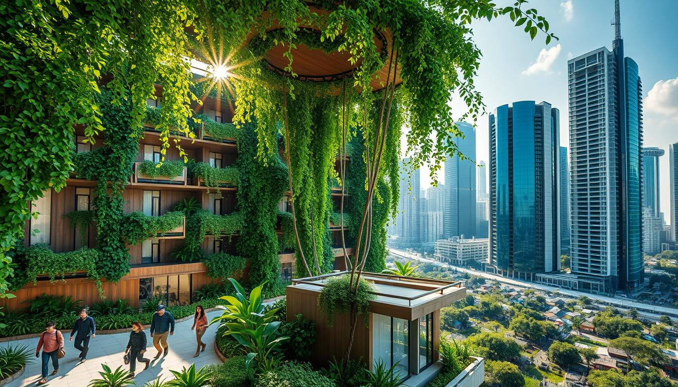 A vibrant and sustainable urban landscape in the heart of Jakarta, "Kampung Vertikal Jakarta" features a cluster of vertical gardens and eco-friendly housing units. Lush greenery cascades down the façades, creating a serene oasis amidst the bustling city. Sunlight filters through the verdant canopy, casting a warm, natural glow on the scene. In the foreground, residents move about the shared community spaces, enjoying the benefits of this innovative, environmentally-conscious design. The middle-ground showcases the unique architectural elements, with clean lines and organic forms blending seamlessly. In the background, the iconic Jakarta skyline provides a striking contrast, highlighting the progressive vision of this urban tourism destination.