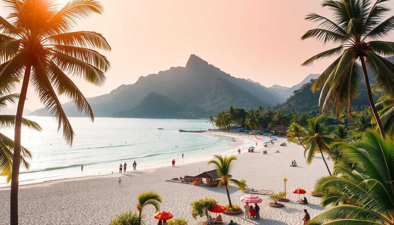A breathtaking vista of a picturesque Indonesian destination, bathed in warm, golden sunlight. In the foreground, a pristine white-sand beach stretches out, peppered with colorful umbrellas and beachgoers enjoying the tranquil waters. Towering, verdant palm trees sway gently in the coastal breeze, framing the scene. In the middle ground, a quaint seaside village comes into view, its traditional architecture and vibrant local markets exuding an inviting charm. Beyond, majestic, jungle-clad mountains rise up, their peaks shrouded in a soft, hazy mist. The overall atmosphere is one of serene, natural beauty, perfectly capturing the essence of a popular, must-visit Indonesian destination.