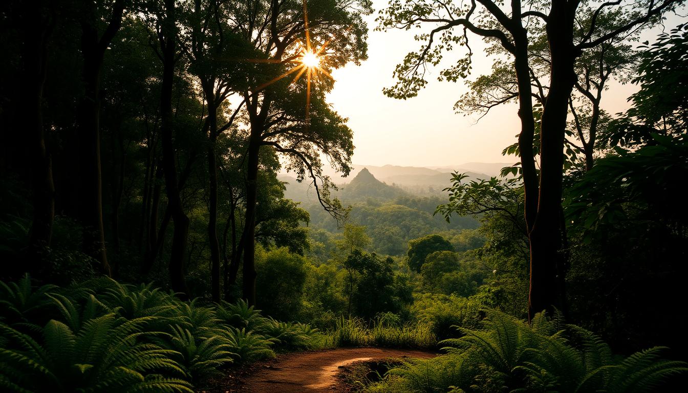 A lush, verdant landscape of Taman Nasional Ujung Kulon, a protected natural wonder in Indonesia. In the foreground, a winding path leads through a dense, primeval forest, with towering trees and a carpet of ferns and moss. The middle ground reveals a distant vista of rolling hills cloaked in a rich tapestry of tropical foliage, while the background is dominated by the majestic silhouette of Mount Payung, its peak piercing the hazy, golden-hued sky. Sunlight filters through the canopy, casting a warm, ethereal glow over the scene, evoking a sense of timeless tranquility and the enduring power of nature. A pristine, protected ecosystem, a sanctuary for diverse wildlife, and a testament to the enduring beauty of Indonesia's natural heritage.