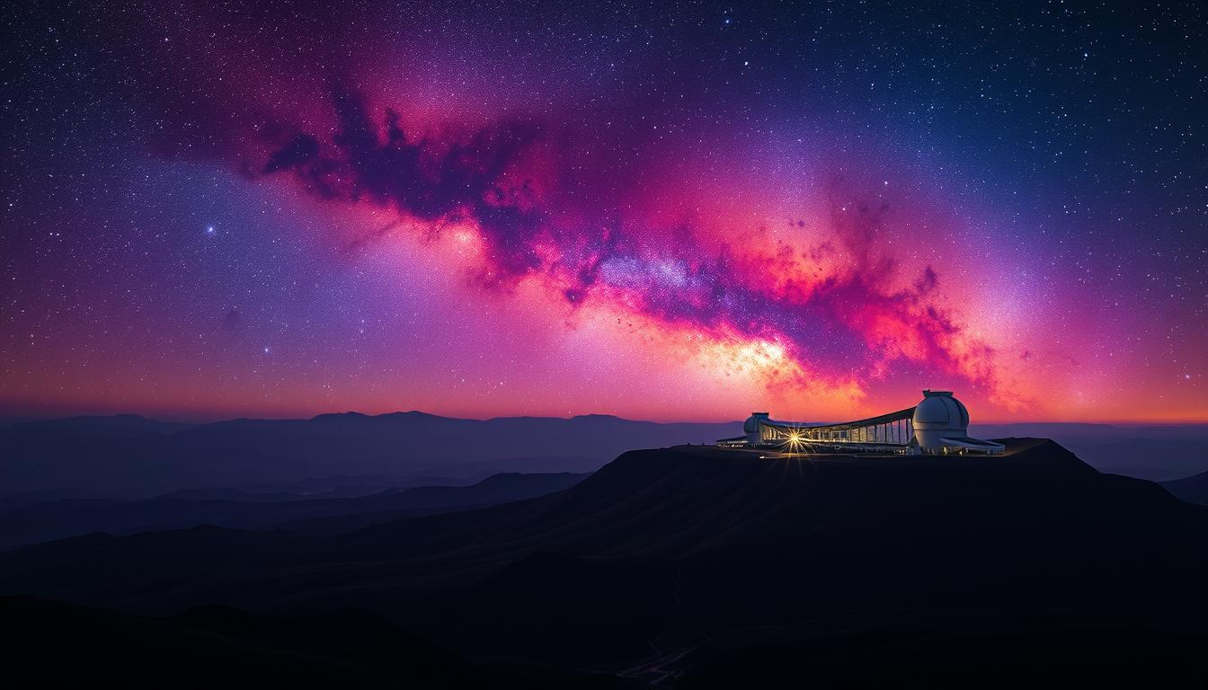 A vast, dramatic landscape under a vibrant, star-speckled night sky. In the foreground, the silhouettes of rolling hills and jagged volcanic peaks rise up, shrouded in deep shadows. In the middle ground, a sprawling, futuristic-looking observatory complex perches atop a high plateau, its sleek, angular structures illuminated by soft, ambient lighting. The backdrop is a stunning, vividly hued nebula, its swirling colors and tendrils of cosmic dust creating an otherworldly, awe-inspiring celestial panorama. Convey a sense of wonder, discovery, and the majestic beauty of the natural world in harmony with cutting-edge scientific infrastructure.