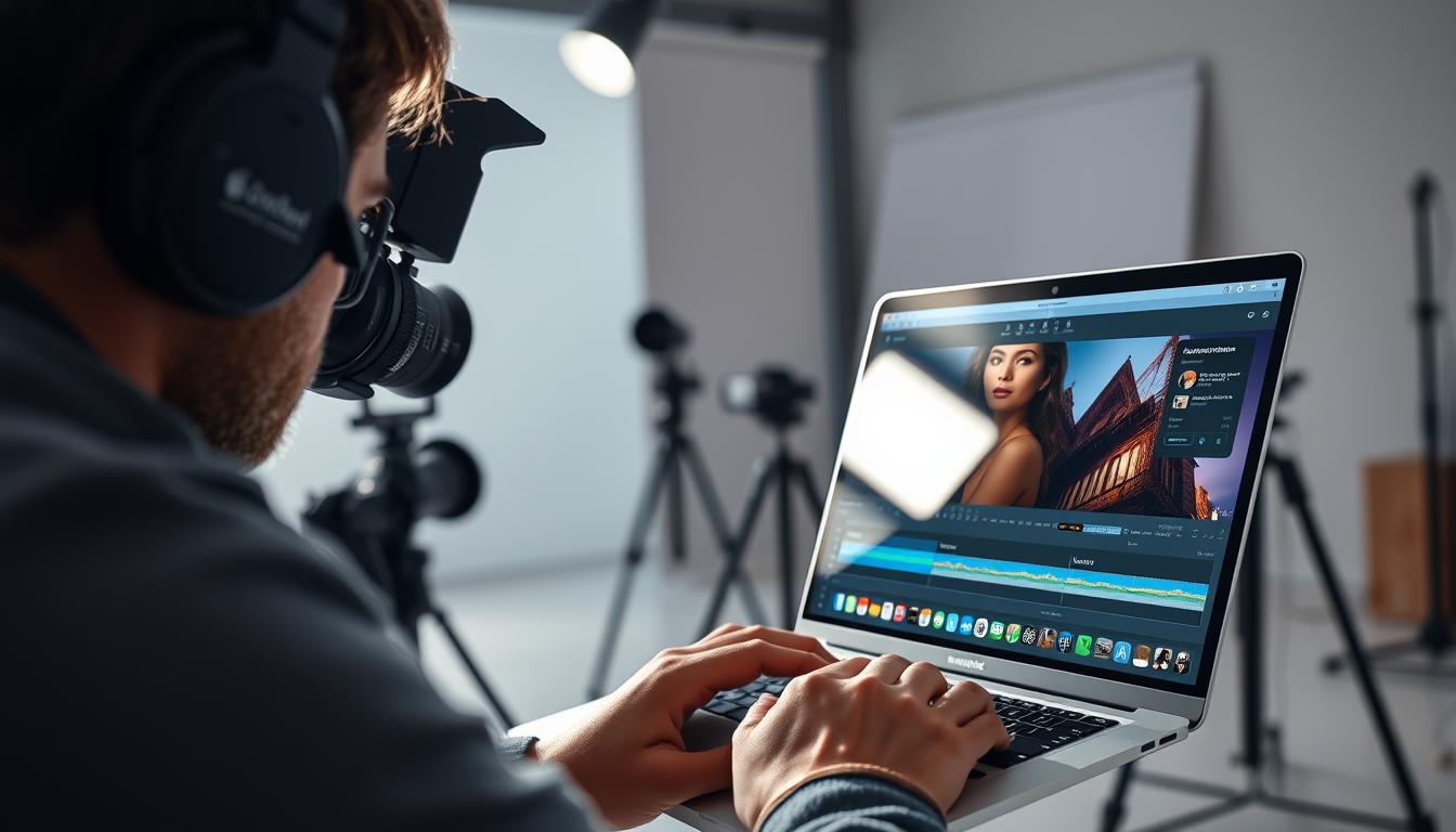 Professional photographer using Apple MacBook Pro (2024) for photo editing