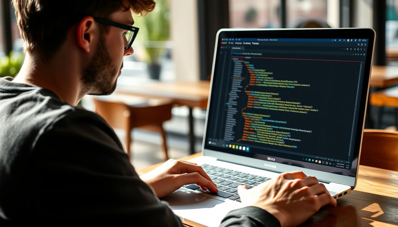Software developer using Apple MacBook Pro (2024) in a coffee shop