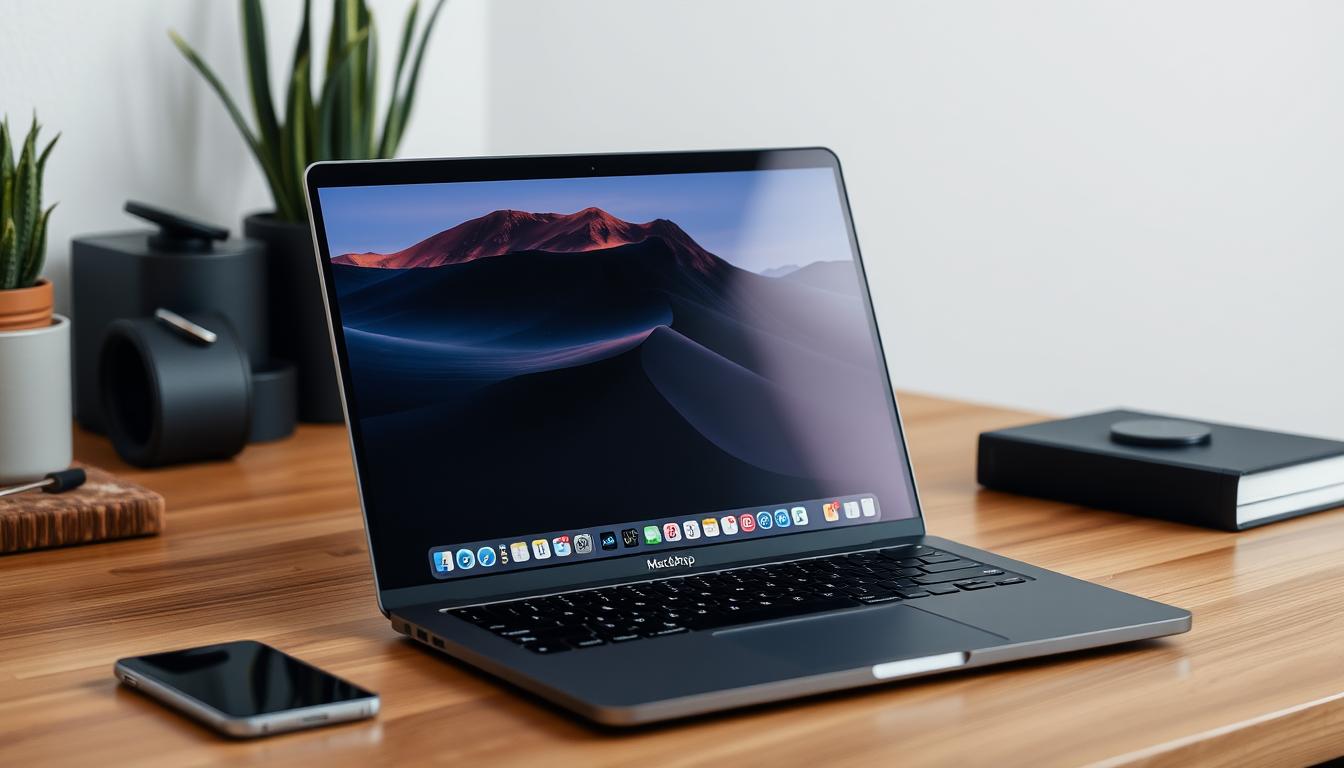 Apple MacBook Pro (2024) with M4 chip displayed on a wooden desk with accessories