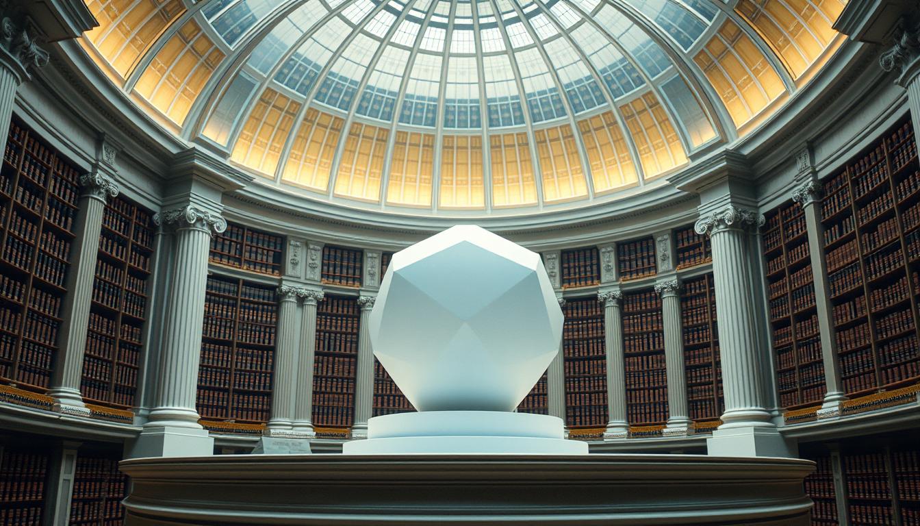 Introduction to Absolute Liability. A glass dome illuminated by soft, diffused light. Inside, a three-dimensional model of the legal concept - a solid, geometrical shape representing the strict, no-fault principle. Surrounding the central form, elegant columns and arches evoke the grandeur of a courthouse. In the background, a vast and imposing library, its shelves filled with leather-bound law books. The overall atmosphere is one of academic contemplation, order, and the weighty significance of the topic.