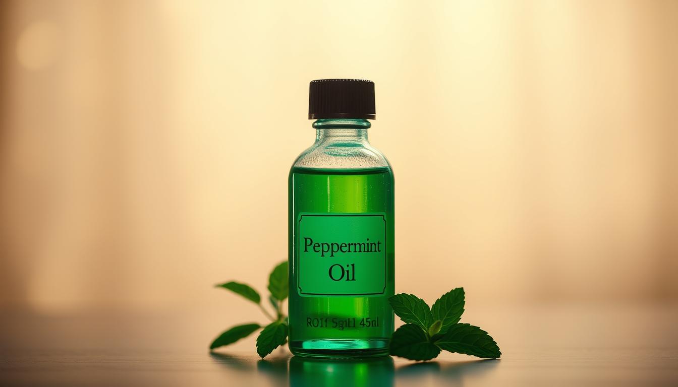 Effective Herbal Remedies to Relieve Headaches 4 A bottle of peppermint essential oil set against a soft, diffused background. The bottle has a minimalist, clean design with a simple label showcasing the words "Peppermint Oil" in a classic serif font. The oil casts a gentle, ethereal glow, its vibrant green-blue hue reflecting the soothing, cooling properties of the menthol-rich extract. Delicate bokeh highlights dance across the surface, conveying a sense of tranquility and relaxation. The lighting is warm yet muted, creating a calming, spa-like atmosphere that evokes feelings of relief and rejuvenation. The composition is balanced, allowing the bottle to take center stage while subtly hinting at its intended use for headache relief.