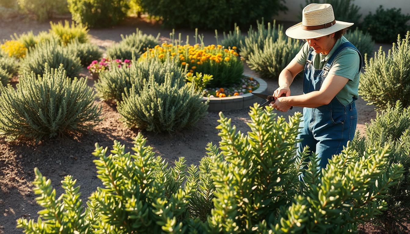 Sage Herb Plants Everything You Need to Know 6 A well-manicured sage bush sits in the foreground, its lush green leaves gently swaying in the warm afternoon breeze. The gardener, dressed in a wide-brimmed hat and denim overalls, carefully prunes the bush with sharp shears, shaping it into a neat, symmetrical form. In the middle ground, a neatly tended garden bed surrounds the sage, with vibrant flowers and herbs in full bloom. The background is dotted with other sage bushes, their branches neatly trimmed, creating a harmonious, well-maintained landscape. The scene is bathed in soft, natural lighting, casting gentle shadows and highlighting the textures of the leaves and stems. The overall atmosphere conveys a sense of peaceful productivity, reflecting the importance of proper pruning for the optimal health and yield of the sage plant.
