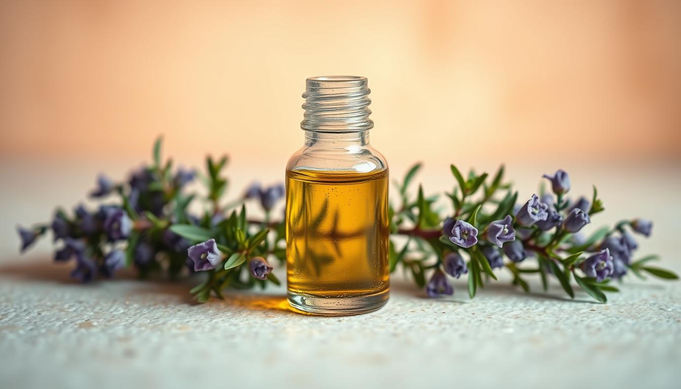 Lemon Thyme Herb A Versatile Culinary Delight 6 A close-up shot of a small glass bottle filled with a clear, golden-colored liquid, reflecting the soft lighting. The bottle is resting on a simple, natural-toned surface, surrounded by a few sprigs of fresh lemon thyme, their vibrant green leaves and delicate purple flowers adding a touch of botanical elegance. The lighting is warm and diffused, creating a cozy, inviting atmosphere that highlights the bottle's contents and the fragrant herb. The composition is balanced, with the bottle as the focal point, and the lemon thyme accents framing it. The overall image conveys the purity, quality, and natural origins of the lemon thyme essential oil.