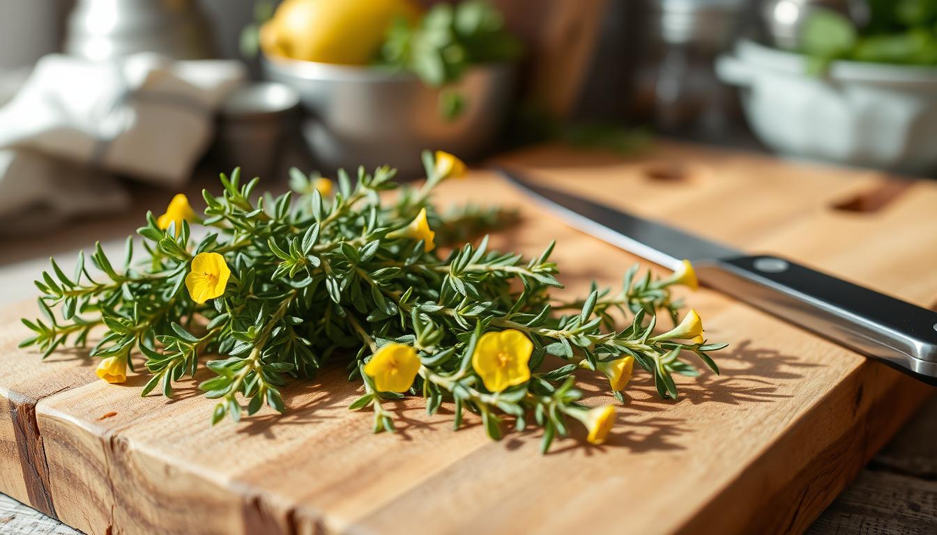 Lemon Thyme Herb A Versatile Culinary Delight 4 A close-up photography of a rustic wooden cutting board, with fresh sprigs of lemon thyme gracefully arranged. The herb's vibrant green leaves and delicate yellow flowers pop against the warm, earthy tones of the wood. Soft, diffused natural lighting illuminates the scene, casting gentle shadows and highlighting the intricate textures. In the background, a few kitchen tools and utensils, such as a chef's knife and a small bowl, create a cozy, culinary atmosphere. The overall composition suggests the versatility and culinary potential of this flavorful herb.