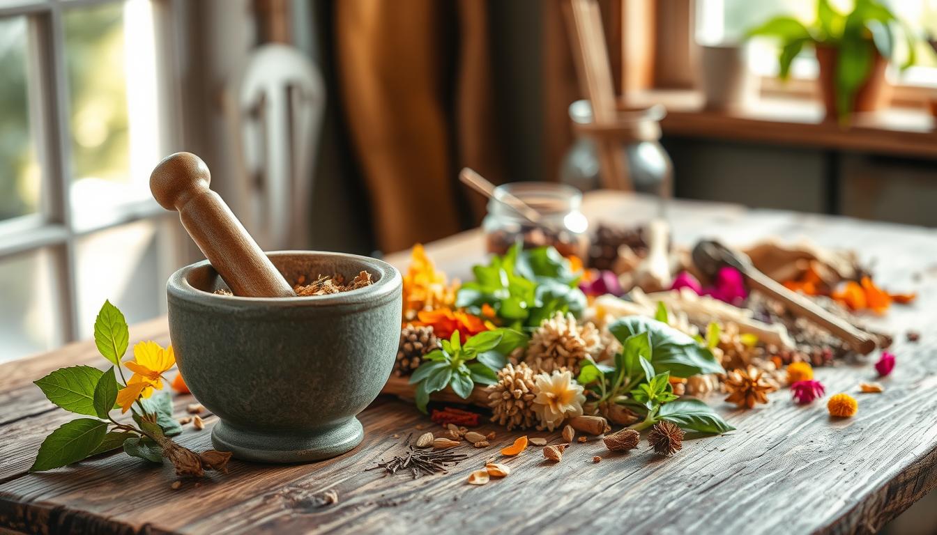 Effective Herbal Remedies to Relieve Headaches 3 A rustic wooden table is adorned with an array of herbal remedies - a variety of dried leaves, flowers, and roots are neatly arranged, their vibrant colors and organic textures contrasting with the weathered surface. Soft, natural lighting filters through a nearby window, casting a warm, soothing glow over the scene. In the foreground, a mortar and pestle stands ready, hinting at the process of preparing these natural ingredients into healing concoctions. The background is blurred, keeping the focus on the curative herbs and their potential to alleviate the pain of headaches.