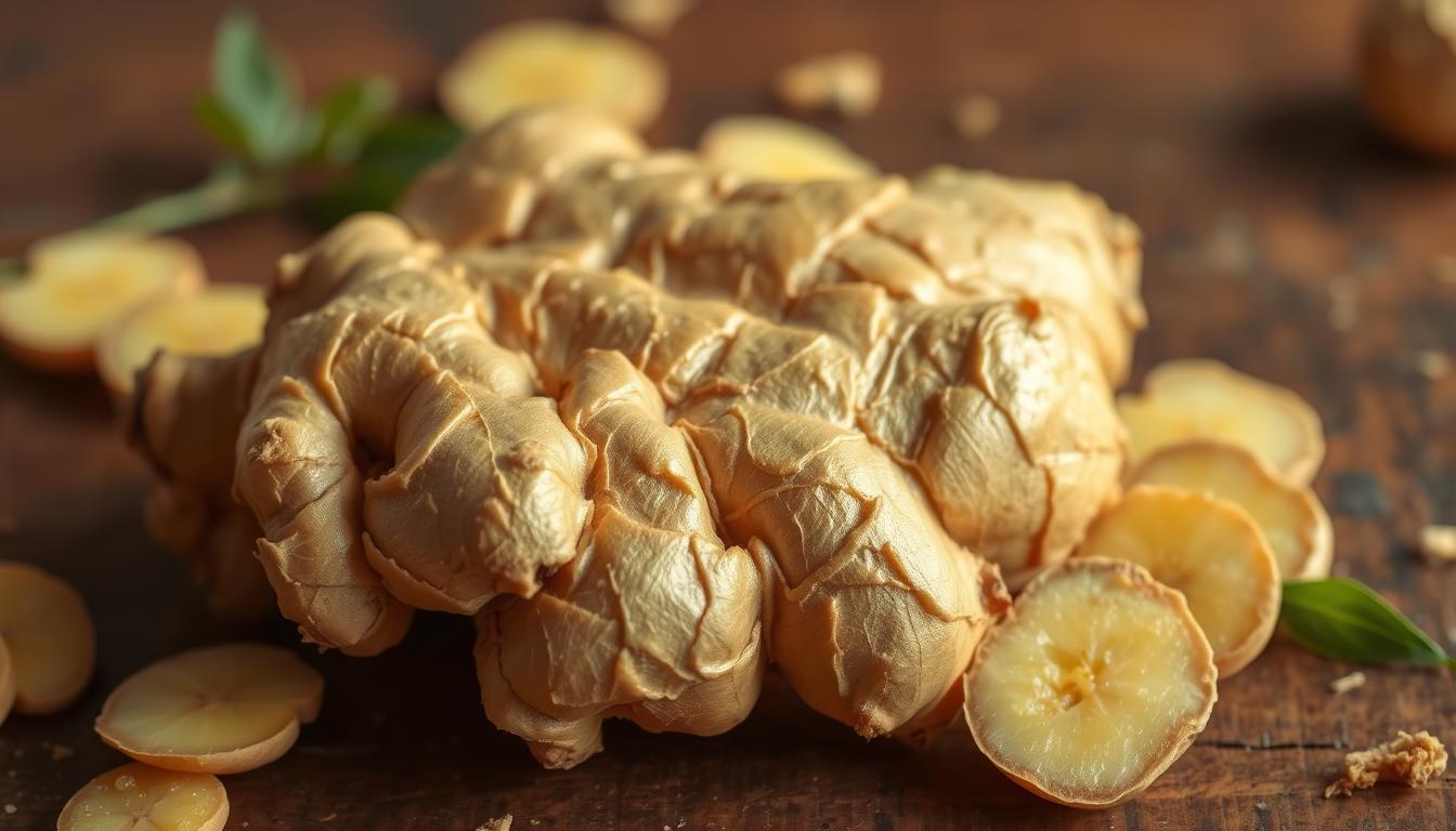 Effective Herbal Remedies to Relieve Headaches 5 A close-up shot of a ginger root, its knobby golden-brown skin glistening under soft, warm lighting. The root is placed on a wooden surface, surrounded by scattered ginger slices and leaves, creating a natural, herbal composition. The image conveys a sense of soothing relief, with the ginger root positioned as the central focus, highlighting its medicinal properties for headache treatment.