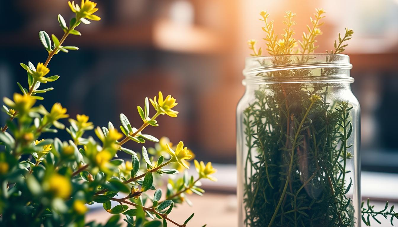 Lemon Thyme Herb A Versatile Culinary Delight 3 A close-up shot of a vibrant green lemon thyme plant with its leaves and small yellow flowers in soft focus, bathed in warm, natural lighting. In the middle ground, a glass jar filled with lemon thyme sprigs, showcasing the herb's versatility and culinary uses. The background is blurred, hinting at a cozy, rustic kitchen setting. The overall composition emphasizes the plant's aromatic qualities and the herb's remarkable health benefits, such as its antibacterial, anti-inflammatory, and antioxidant properties.