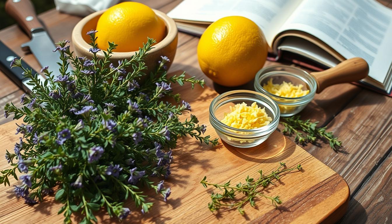 Lemon Thyme Herb A Versatile Culinary Delight 5 A delectable culinary still life capturing lemon thyme recipes. In the foreground, a wooden cutting board showcases an array of fresh lemon thyme sprigs, their vibrant green leaves and tiny purple flowers. Surrounding the herbs are various cooking implements - a chef's knife, a ceramic mortar and pestle, and a small glass bowl filled with lemon zest. In the middle ground, a large, sun-dappled lemon rests on the board, its golden skin glistening. In the background, an open recipe book lies on a rustic wooden table, its pages fluttering slightly in a warm, gentle breeze. The scene is bathed in soft, natural lighting, highlighting the intricate textures and colors of the lemon thyme and complementary elements. An atmosphere of culinary inspiration and the comforting essence of homemade recipes pervades the image.