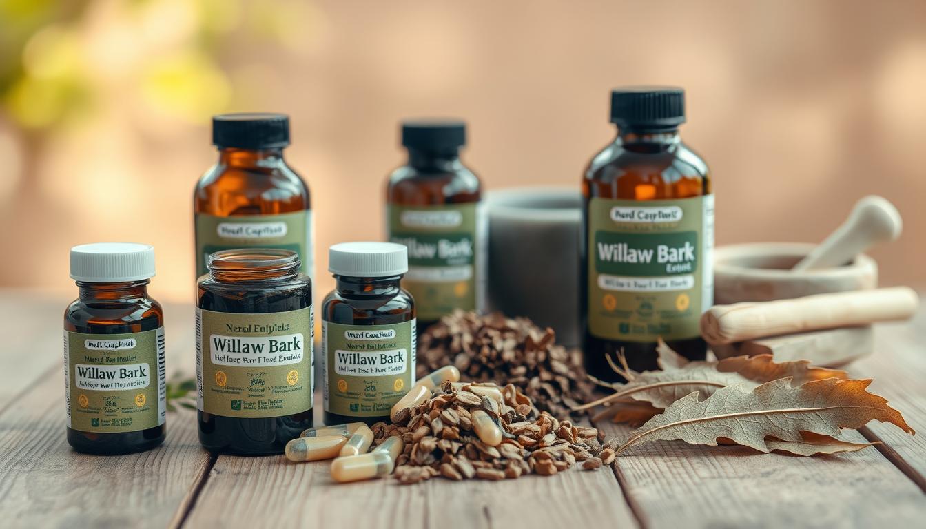 Effective Herbal Remedies to Relieve Headaches 6 A wooden table with a variety of herbal supplements, including bottles of willow bark extract, capsules, and dried willow bark leaves. The table is set against a simple, natural backdrop with soft, diffused lighting, creating a serene and calming atmosphere. The foreground features the willow bark products prominently, while the middle ground includes other complementary herbs and natural elements like a mortar and pestle. The background blends into a subtle, out-of-focus natural setting, emphasizing the organic and holistic nature of the herbal remedies.