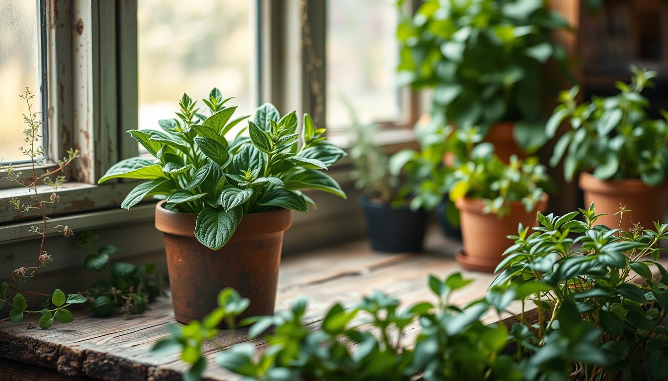 Sage Herb Plants Everything You Need to Know 4 A lush indoor garden, with a potted sage plant taking center stage. The sage leaves gently unfurl, their vibrant green hues catching the soft, diffused light streaming through a nearby window. The plant is situated on a rustic wooden table, its surface worn with age, adding a touch of warmth and character to the scene. Surrounding the sage are complementary herbs and plants, their verdant foliage creating a harmonious, natural composition. The overall mood is one of tranquility and mindfulness, inviting the viewer to pause and appreciate the simple pleasure of cultivating herbs indoors.