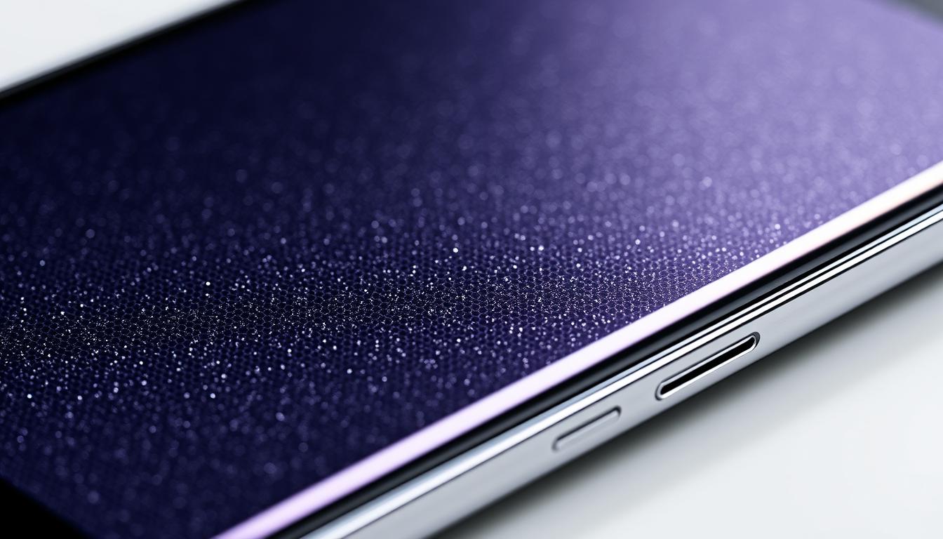 Tempered Glass vs Hydrogel Screen Protectors: What’s Better in 2025? 6 A detailed close-up view of a glossy, transparent privacy screen protector for a modern smartphone or tablet device. The screen is adorned with a delicate hexagonal pattern that refracts light, obscuring the display from onlookers. Tiny microprisms within the screen's surface bend and scatter light, creating a shimmering, iridescent effect. The edges of the protector are rimmed with a sleek, metallic trim that seamlessly integrates with the device's frame. Crisp, high-resolution rendering with realistic textures, perfect lighting, and a crisp, clear depth of field.