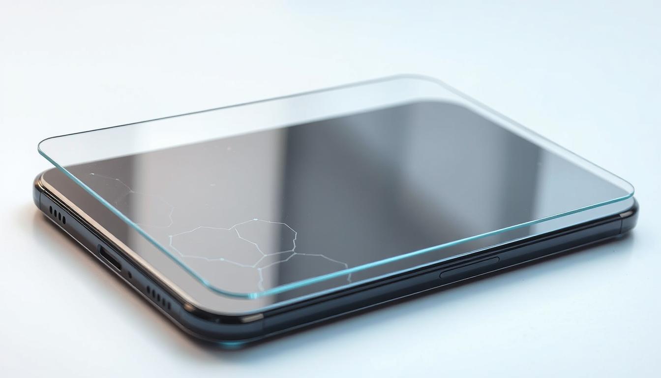 Tempered Glass vs Hydrogel Screen Protectors: What’s Better in 2025? 3 A pristine tempered glass screen protector rests on a minimalist, well-lit surface. The glass is transparent, with a smooth, flawless finish that refracts light elegantly. Intricate microscopic patterns are visible on the surface, showcasing the complex internal structure of the reinforced material. The composition is captured from a slightly angled perspective, emphasizing the refined, engineered nature of the tempered glass. The background is a clean, muted palette, allowing the subject to take center stage and highlight its durability and precision.