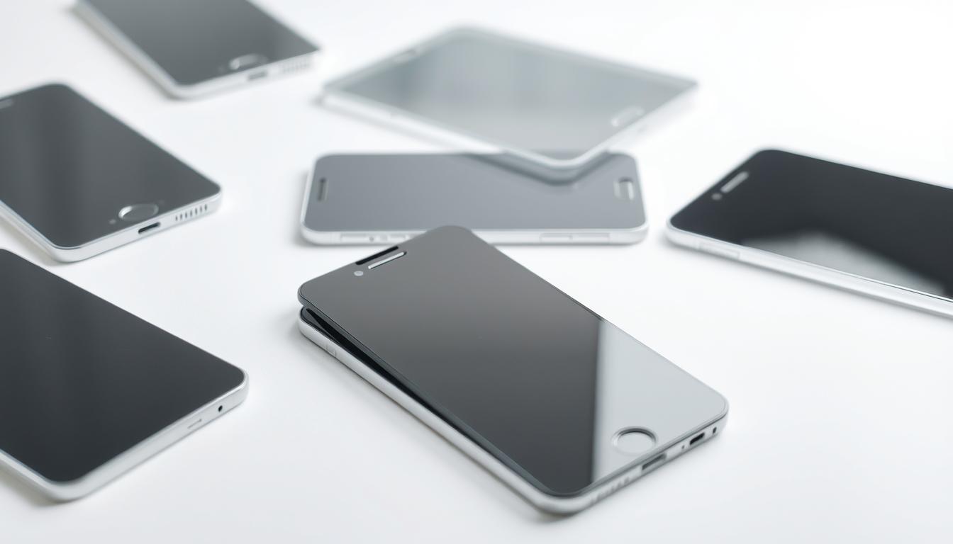Privacy vs Clear Screen Protectors – Which One Should You Choose? 4 A close-up view of multiple clear screen protectors, laid out on a plain white background. The protectors are positioned to showcase their transparent nature, allowing a glimpse of the underlying device screen. Bright, even studio lighting illuminates the scene, highlighting the sleek, glossy surfaces of the protectors. The arrangement is meticulously organized, with the protectors slightly overlapping to create a sense of depth and layering. The overall mood is clean, minimalist, and focused, allowing the subject to be the central point of attention.