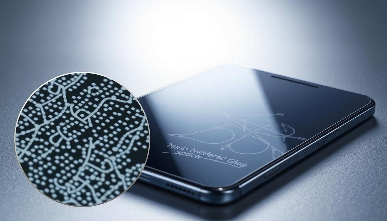 Tempered Glass vs Hydrogel Screen Protectors: What’s Better in 2025? 4 A highly durable screen protector, composed of reinforced tempered glass, rests on a smooth, metallic surface. The glass surface reflects a soft, ambient lighting, creating a sleek and professional appearance. The protector's edges are meticulously crafted, seamlessly blending with the underlying device. In the foreground, a magnified view showcases the intricate pattern of the glass, highlighting its resilience and scratch-resistance. The background features a subtle gradient, emphasizing the protector's ability to withstand the rigors of daily use, capturing the essence of longevity and durability.