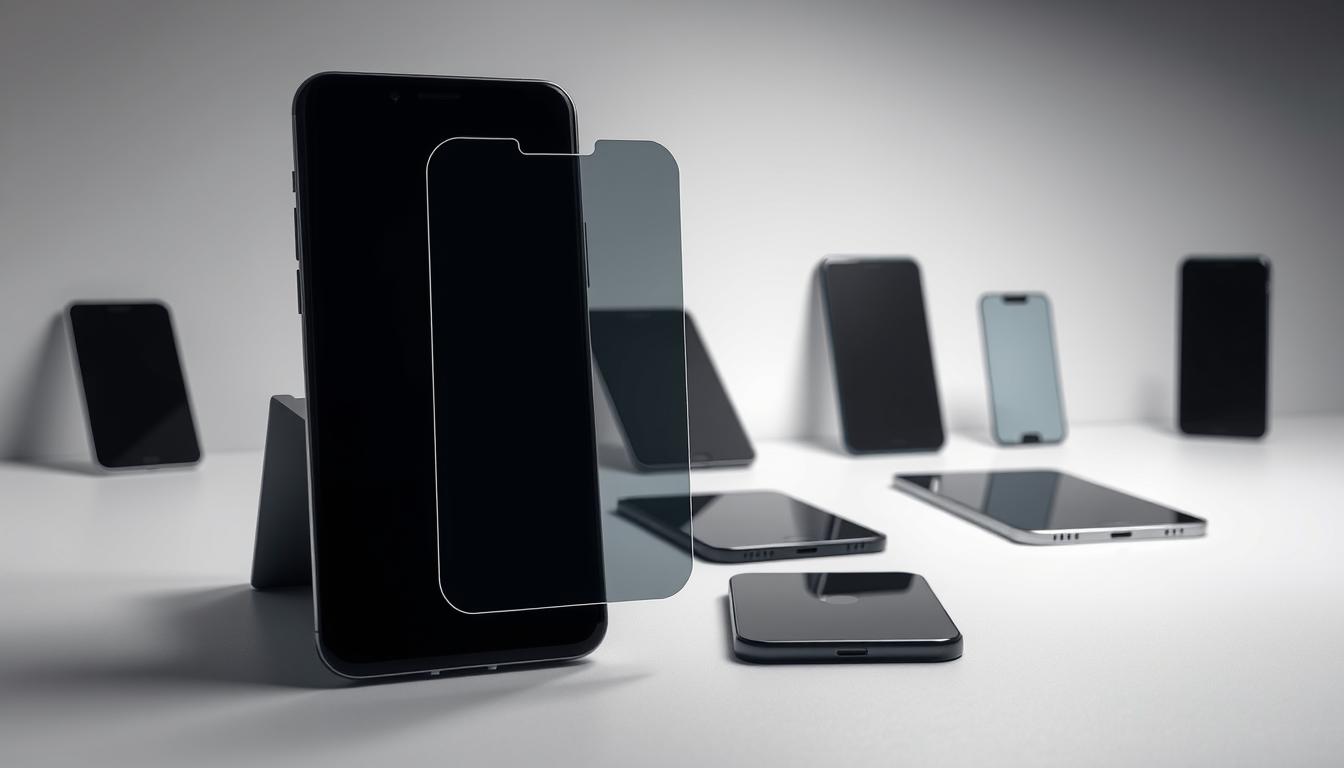 Privacy vs Clear Screen Protectors – Which One Should You Choose? 5 High-quality, detailed image of privacy screen protectors for mobile devices. Foreground shows close-up view of screen protector installed on a smartphone, with subtle blurring effect to emphasize the privacy feature. Middle ground shows various screen protectors in different sizes and tints, laid out on a clean, minimalist surface. Background is a softly lit, studio-style setup with subtle gradients to create a sense of depth and focus on the subject. Lighting is soft and diffused, highlighting the matte texture and anti-glare properties of the privacy screen protectors. The overall mood is professional, showcasing the products' functionality and design in a visually appealing manner.