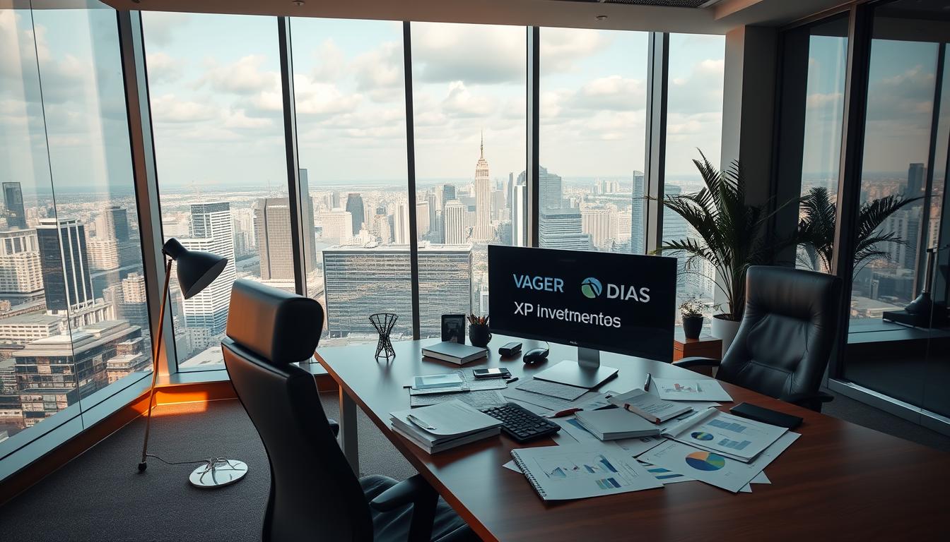 A professional and modern financial investment office with the Vagner dias brand prominently displayed. The scene features a large desk with dual monitors, a comfortable leather chair, and various financial documents and charts spread out. The lighting is warm and the atmosphere is one of focused productivity. In the background, a floor-to-ceiling window offers a panoramic city skyline view, conveying a sense of scale and success. The overall composition suggests an authoritative and trustworthy environment for investing with the XP Investimentos platform.