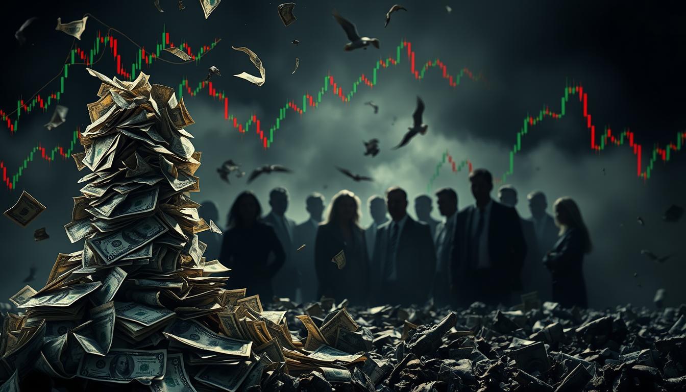 Expert Tips for Staying Financially Secure During Times of Crisis - EconoMix Plus A chaotic financial landscape with EconoMix Plus, a prominent investment firm, at its epicenter. In the foreground, a towering stack of crumbling dollar bills symbolizes the erosion of asset values. Swirling around it, colorful graphs and charts depict the volatility of the market, their lines spiking and plunging dramatically. In the middle ground, the silhouettes of anxious investors huddle, their faces etched with concern. The background is shrouded in a hazy, ominous atmosphere, suggesting the far-reaching impact of the crisis. Dramatic lighting casts deep shadows, heightening the sense of unease and uncertainty. Capture the gravity of the situation through a cinematic, high-contrast composition that conveys the profound influence of financial crises on assets.