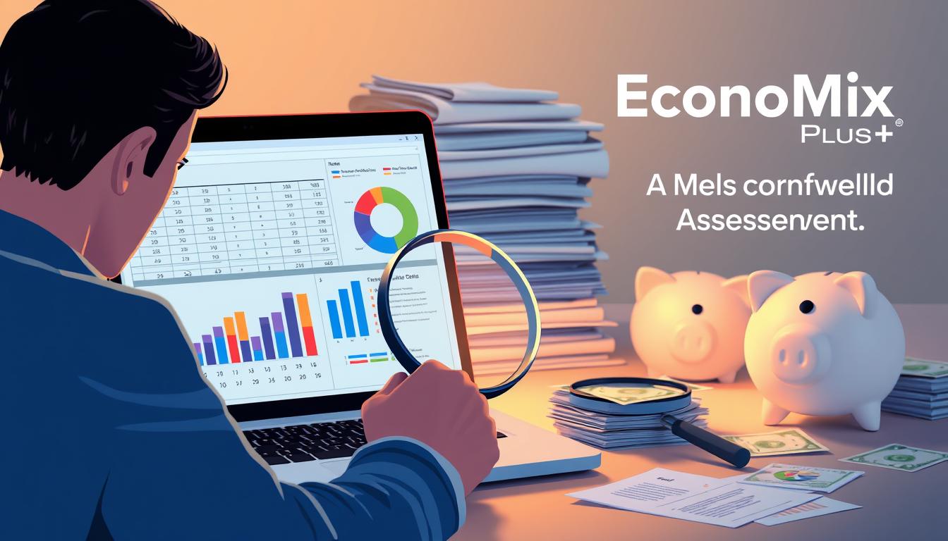 How to Protect Your Money from Inflation - EconoMix Plus A high-resolution digital illustration depicting a comprehensive financial vulnerability assessment. The foreground shows a person examining a spreadsheet and pie chart on a laptop, representing the analytical process. The middle ground features a magnifying glass, symbolizing the close examination of financial data. In the background, a stack of documents, piggy bank, and dollar bills convey the broader financial context. The scene is illuminated by soft, warm lighting, creating a contemplative atmosphere. The brand EconoMix Plus is prominently displayed in the top-right corner.