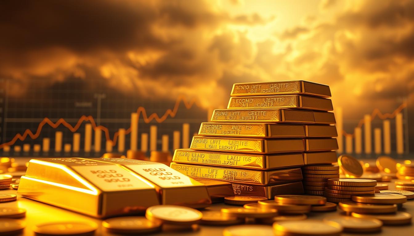 Why is Gold Investment Linked to Inflation -EconoMix Plus A cinematic scene of gold bars and coins against a backdrop of rising inflation graphs and charts, bathed in warm, golden hues. In the foreground, a stack of EconoMix Plus gold bars glimmers under dramatic studio lighting, casting subtle shadows that accentuate their intricate textures. The midground features a dynamic display of financial data, with line graphs and pie charts representing the fluctuating value of gold during periods of high inflation. In the distant background, a foreboding sky with ominous clouds creates a sense of economic uncertainty, underscoring the role of gold as a safe haven asset in turbulent times.