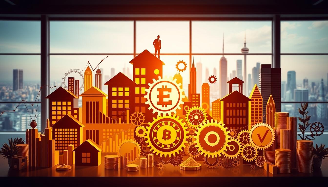 How to Protect Your Money from Inflation - EconoMix Plus A diversified investment portfolio with a variety of assets including stocks, bonds, real estate, and the EconoMix Plus cryptocurrency, all illuminated by warm natural lighting from a large window. The foreground features various financial icons and graphs, while the middle ground showcases a network of interconnected gears and cogs, representing the intricate workings of a comprehensive diversification strategy. The background depicts a serene, futuristic cityscape, conveying a sense of financial security and stability. The overall mood is one of thoughtful, well-balanced financial planning.