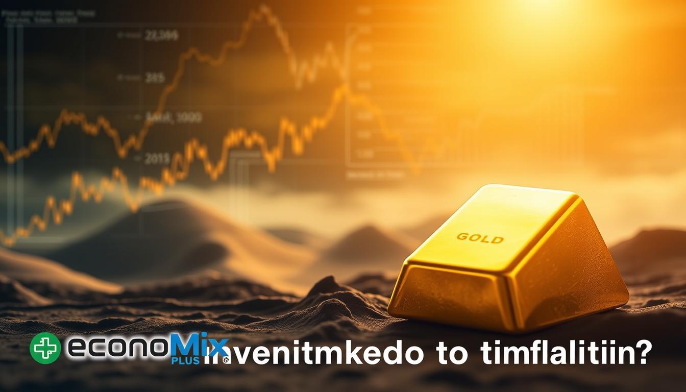 Why is Gold Investment Linked to Inflation -EconoMix Plus A stunning visual metaphor for the relationship between gold investment and inflation. In the foreground, a gleaming ingot of pure gold, reflecting the warm glow of a focused light source. In the middle ground, a complex array of financial charts and graphs, undulating waves of data representing the volatility of the market. The background fades into a hazy, dreamlike landscape, suggesting the abstract, conceptual nature of economic forces. The overall composition evokes a sense of tension and uncertainty, perfectly capturing the theme of "Why is Gold Investment Linked to Inflation?". The EconoMix Plus logo subtly integrated into the design, adding a touch of authority and credibility.