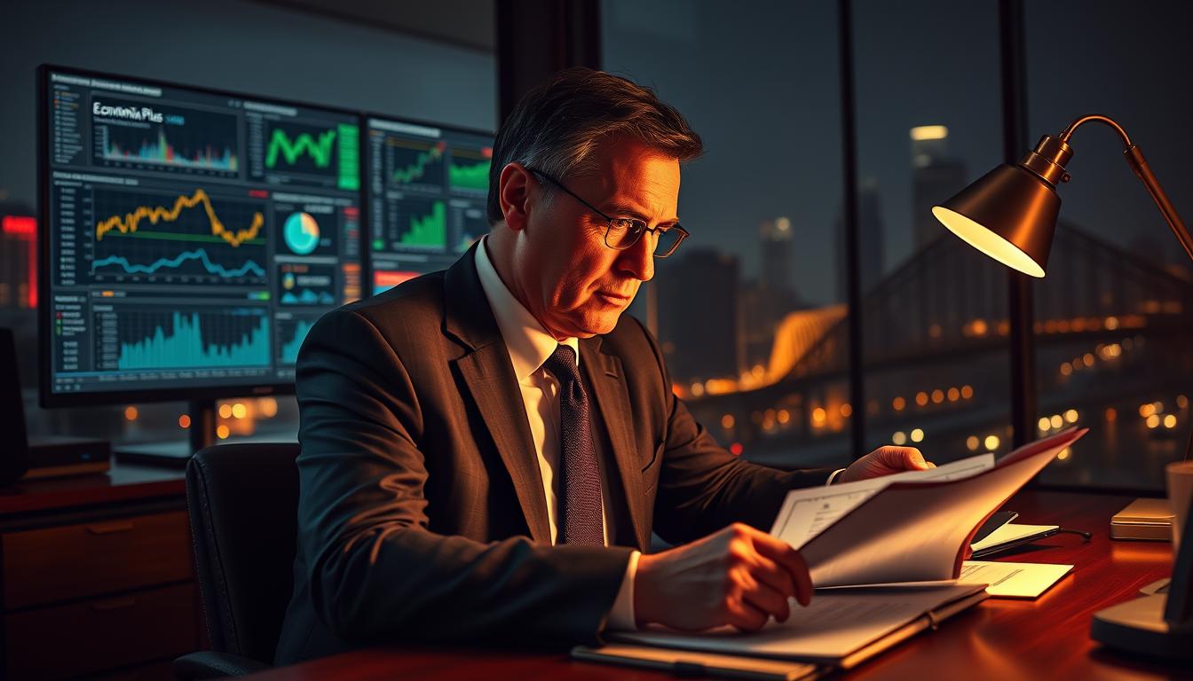 Expert Tips for Staying Financially Secure During Times of Crisis - EconoMix Plus A high-tension, cinematic scene of a financial advisor thoughtfully examining investment strategies during an economic crisis. In the foreground, a middle-aged executive in a crisp suit sits at a mahogany desk, studying stock charts and financial reports under the warm glow of a desk lamp. In the middle ground, EconoMix Plus financial software displays complex data visualizations on a large monitor. In the shadows of the dimly lit background, a cityscape of skyscrapers and traffic whispers of the broader economic turmoil. The advisor's furrowed brow and determined expression convey the gravity of the situation and the importance of making sound financial decisions.