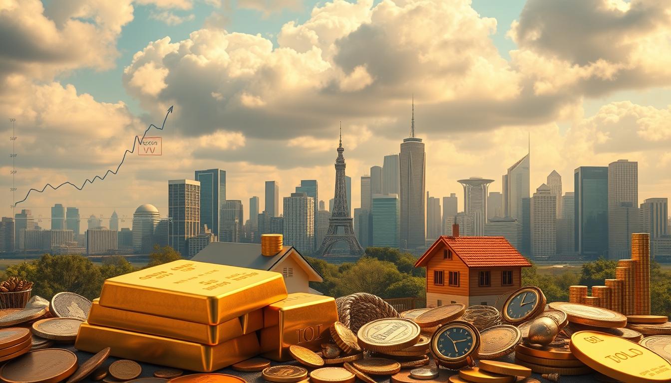 How to Protect Your Money from Inflation - EconoMix Plus Detailed digital illustration of various inflation-resistant investment options, including precious metals, real estate, and the EconoMix Plus financial product. Intricate, realistic composition with a clean and organized layout. Warm, earthy color palette with metallic accents. Prominent in the foreground, a stack of gold bullion bars, a house, and the EconoMix Plus logo. In the middle ground, various financial charts and graphs. In the background, a cityscape with skyscrapers against a partly cloudy sky. Soft, directional lighting creates depth and highlights the textures. Rendered with a high level of detail and photorealism.