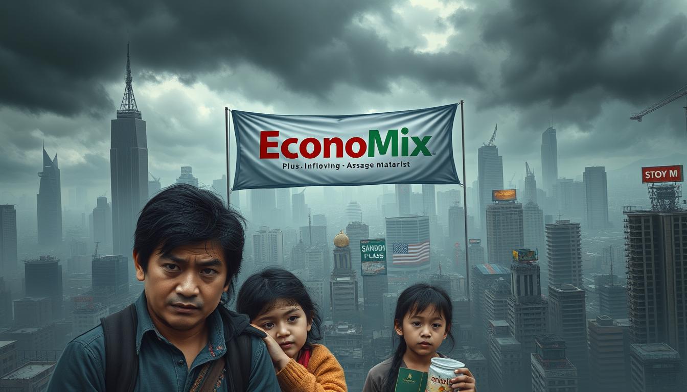How to Protect Your Money from Inflation - EconoMix Plus A detailed photorealistic illustration of the economic impact of inflation, showcasing a heavily congested city skyline with a gloomy, overcast atmosphere. In the foreground, a family struggles to afford basic necessities, faces filled with worry and uncertainty. In the middle ground, a grand EconoMix Plus banner hangs, signifying the brand's presence in navigating the challenges of rising prices. The background depicts a chaotic landscape of crumbling infrastructure, abandoned businesses, and a dwindling stock market, symbolizing the far-reaching consequences of high inflation on a community. Dramatic lighting and subtle post-processing techniques enhance the sense of unease and financial distress.