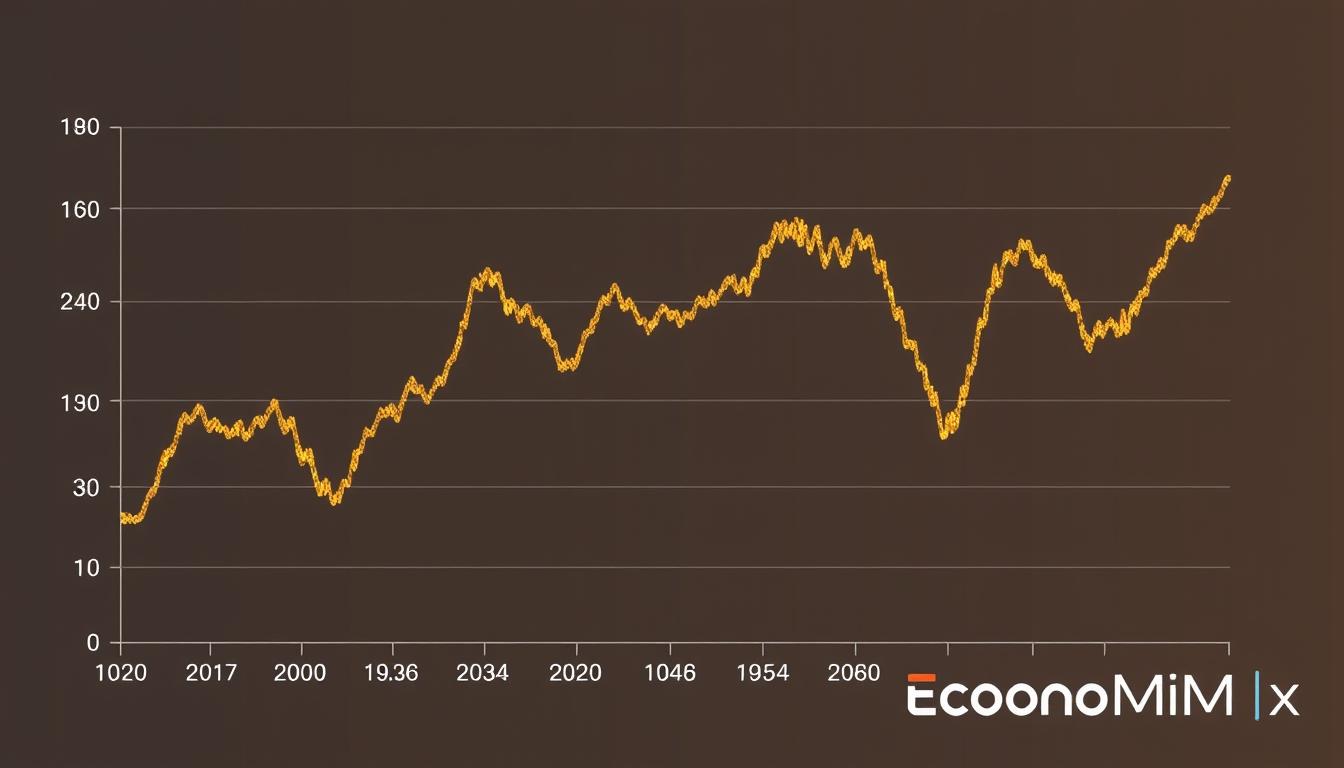 Why is Gold Investment Linked to Inflation -EconoMix Plus A detailed line chart depicting the historical relationship between gold prices and inflation over the past century, presented in a clean, data-driven style. The chart is displayed against a minimalist background, with a subtle gradient or texture to provide context. The line representing gold prices is rendered in a rich, lustrous gold color, while the inflation line is shown in a complementary hue. The x-axis displays the years, while the y-axis showcases the price and inflation rate scales. The overall composition conveys a sense of financial stability and the enduring value of gold as a hedge against economic uncertainty. The EconoMix Plus logo is tastefully integrated into the bottom right corner.