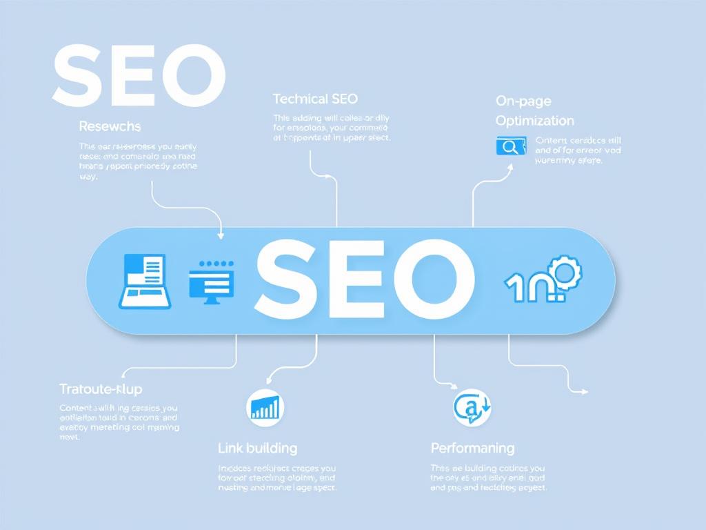 SEO services process showing keyword research, on-page optimization, and link building