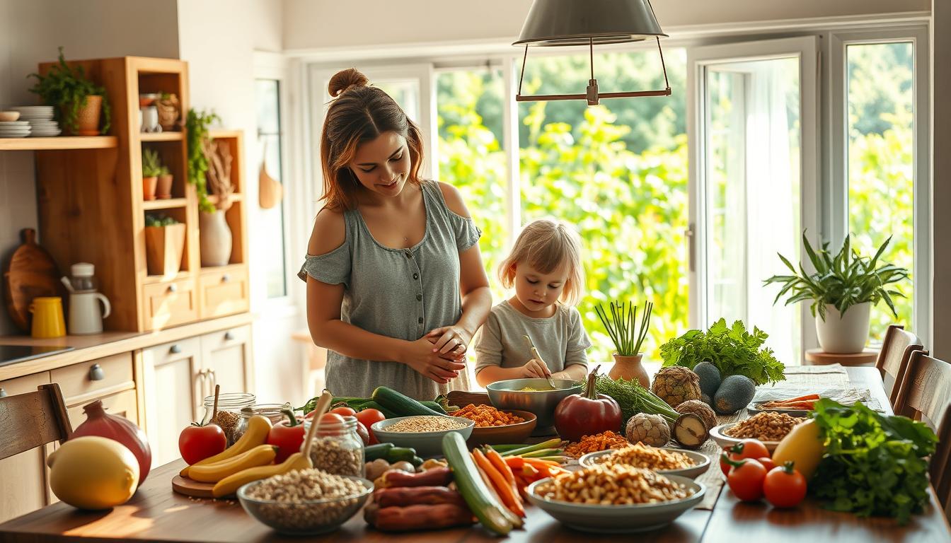 A sun-dappled kitchen table, adorned with a vibrant array of locally sourced ingredients - fresh produce, hearty whole grains, and an assortment of wholesome snacks. A mother and her young child stand together, their hands intertwined as they prepare a nourishing regional dish, the soft light casting warm shadows across their faces. In the background, an expansive window offers a glimpse of a lush, verdant garden, hinting at the connection between the food on the table and the land from which it was harvested. The scene exudes a sense of rustic simplicity, tranquility, and the joy of mindful, healthy eating.