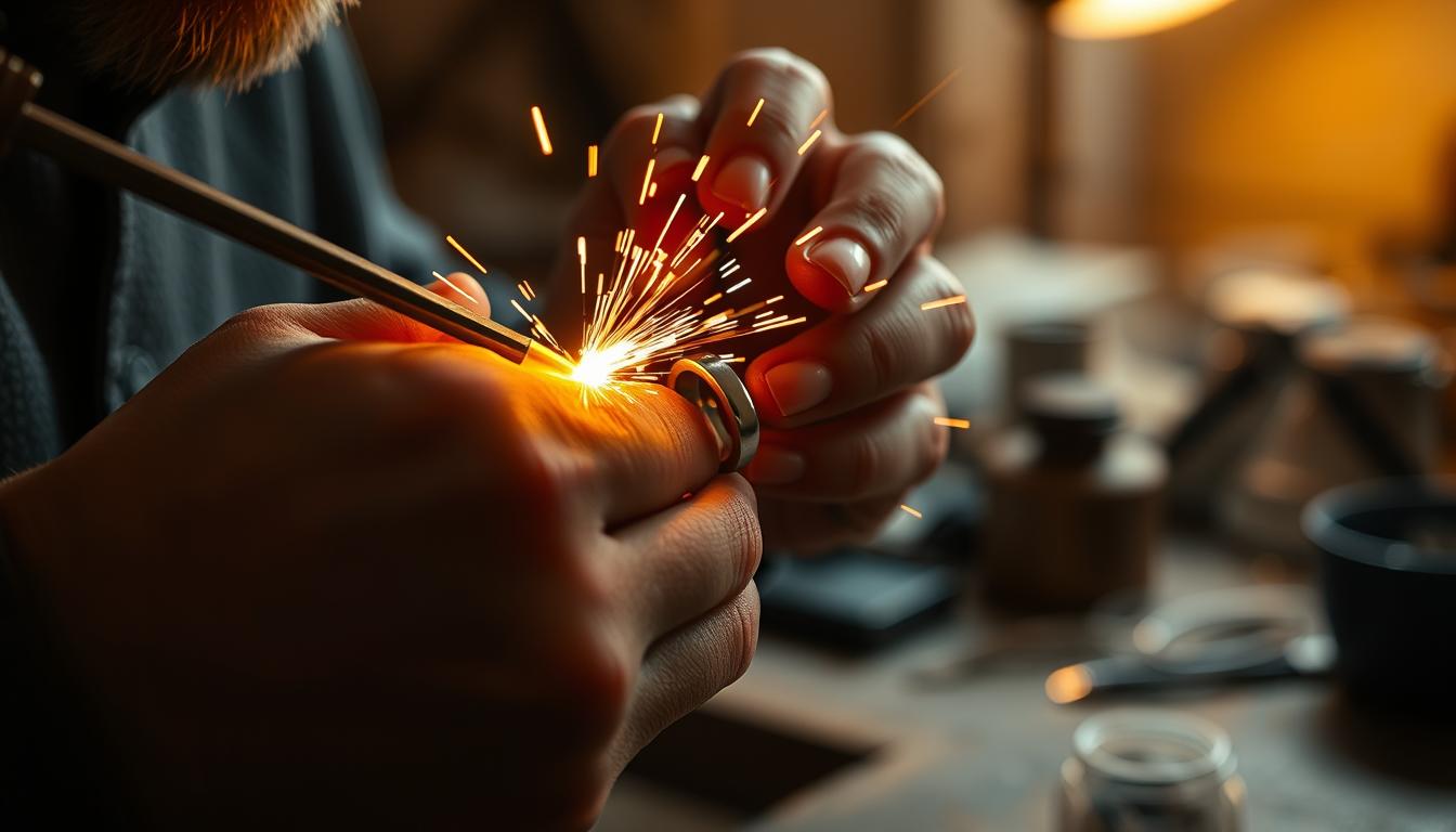 A close-up shot of a jeweler's hands carefully fusing metals together to create a stylish ring. The workshop is illuminated by soft, warm lighting, casting a cozy, artisanal atmosphere. Sparks fly as the jeweler skillfully manipulates the metals, shaping them into an elegant, minimalist design. The resulting ring reflects the jeweler's expert craftsmanship, with clean lines and a polished finish. The image conveys the meticulous, hands-on process of creating a timeless piece of jewelry that will accentuate the wearer's style.