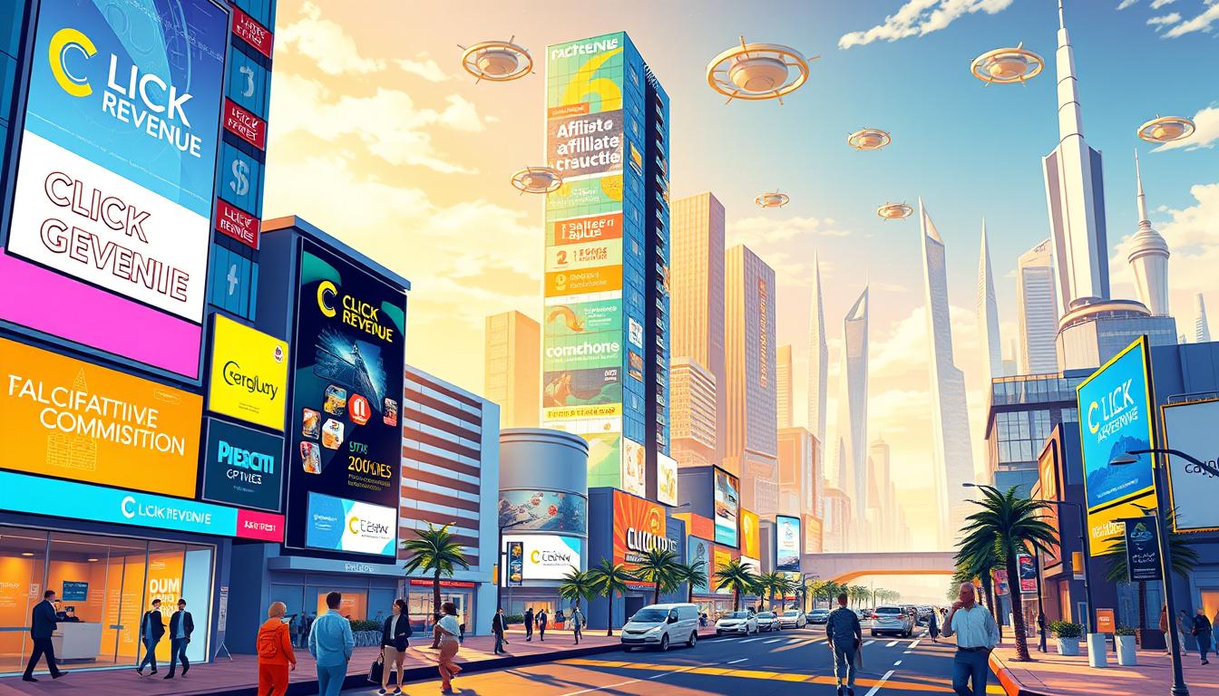 Vibrant cityscape depicting the future of affiliate marketing in 2025. In the foreground, a bustling street lined with high-rise buildings adorned with the "CLICK REVENUE" brand. Pedestrians navigate the sidewalks, some carrying digital devices. The midground features a towering skyscraper, its facade covered in digital screens showcasing affiliate products and commissions. In the background, a futuristic skyline with gleaming towers and hovercraft traffic. The scene is illuminated by a warm, golden light, conveying a sense of prosperity and technological advancement. The overall atmosphere suggests a thriving, lucrative world of affiliate marketing in the year 2025.