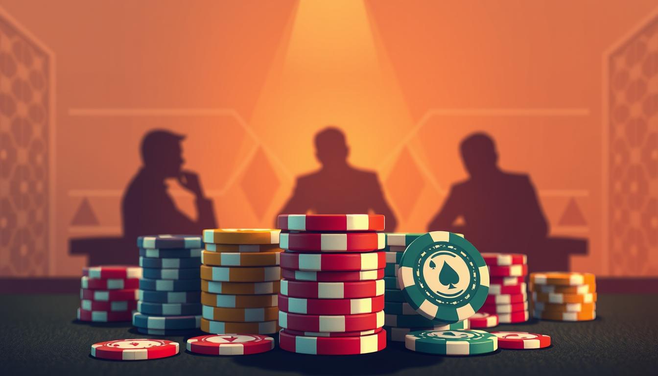 A vibrant and visually engaging illustration of classic betting terms, captured in a clean, modern style. In the foreground, a stack of poker chips in a spectrum of hues, each marked with iconic symbols like dice, cards, and roulette wheels, representing the diverse elements of wagering. In the middle ground, silhouettes of gamblers immersed in the thrill of the game, their faces obscured, capturing the excitement and risk inherent in the world of betting. The background features a sleek, minimalist design, with subtle patterns and geometric shapes that evoke the calculated nature of odds and probabilities. The overall composition is bathed in warm, subdued lighting, creating a sense of sophistication and elegance, befitting the subject matter.
