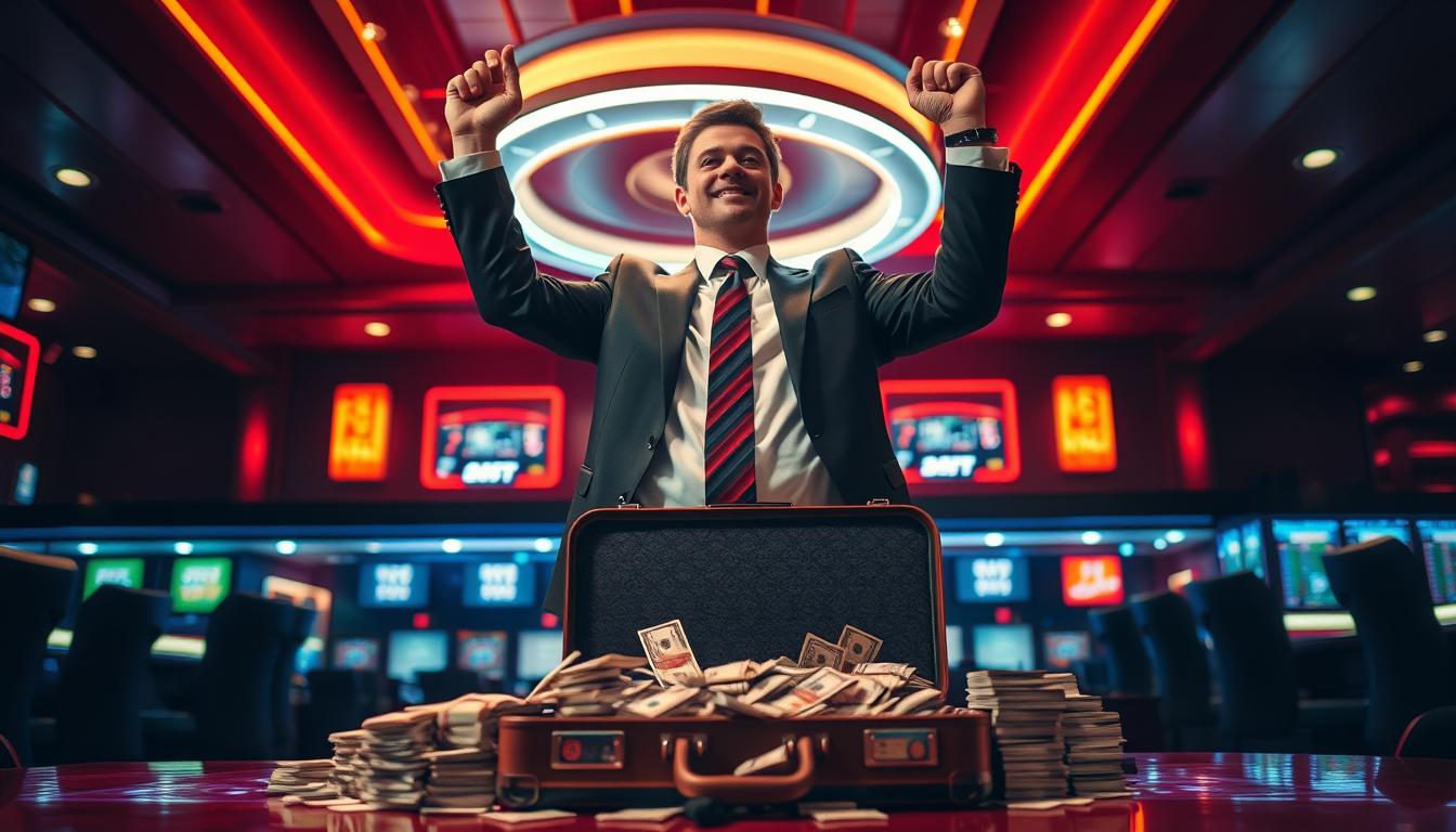 Prompt A well-dressed gambler stands triumphantly, hands raised in victory, as stacks of cash spill from a briefcase at his feet. The scene is illuminated by the warm glow of neon casino lights, casting a dramatic shadow against the sleek, modern interior of a high-end betting parlor. The gambler's confident expression and the tension in his posture convey the thrill of outwitting the bookie, the ultimate symbol of beating the odds in the world of sports betting.