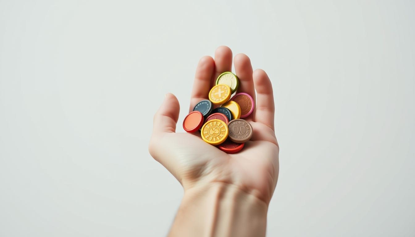 A closeup view of a hand holding a handful of brightly colored game tokens or coins, representing the concept of "alt points" in a digital gaming context. The tokens are a mix of different shapes and sizes, some round, some square, some with intricate patterns. The hand is positioned against a clean, minimalist background, allowing the alt points to be the focal point. The lighting is soft and diffused, creating a sense of depth and dimension. The overall mood is one of simplicity, focus, and the idea of alternative or supplementary game currencies.
